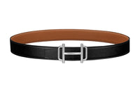 HERMES Comfortable Silver Buckle Togo Calfskin Double Sided Leather Belt Women's Black/Brown Width 3.2cm