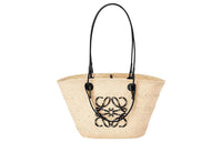 LOEWE Basket Palm Fiber With Cow Leather Basket Bag, One Shoulder Handbag Medium Size Women's Beige/Black