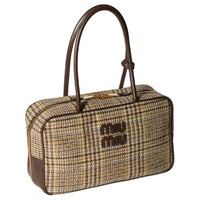 MIU MIU Beau Plaid Patch Leather Handbag Women's Cocoa Brown
