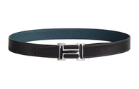HERMES Letter H Label Leather Belts Men's Dark Blue Width 3.2cm