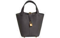 HERMES Little Bull Leather Basket Bag, Bucket Bag, Handbag 18 Women's 88 Graphite Gray
