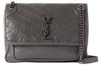 SAINT LAURENT Cow Leather Hobo Bag, Crossbody Bag, Shoulder Bag Medium Size Women's Gray White