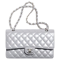 CHANEL Classic Flap CF Sheepskin Mouth Cover Bag Crossbody Bag Medium Size Women's Silver Gray