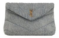 SAINT LAURENT PUFFER Cotton With Leather Clutch Trumpets Women's Blue Gray