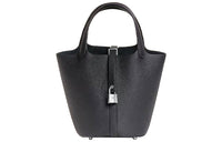 HERMES Picotin Lock Clemence Bullock Leather Basket Bag, Bucket Bag, Handbag 18 Women's 3Y Caban Black Cloth Color