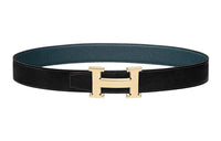 HERMES Comfortable Gold Buckle Togo Calfskin Double-Sided Leather Waist Belt Men's Black Width: 3.2CM