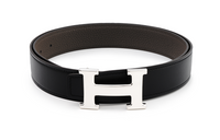HERMES Epsom Calfskin Belt Leather Belts Men's Black/Tin Gray Width 3.2cm