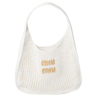 MIU MIU Raffia Fiber Blended Fabric Heart Moon Bag, Handbag, Shoulder Bag Women's White & Natural