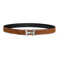 HERMES Palladium Plated Leather Belts Unisex Black/Umber Width 2.4cm