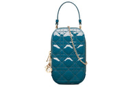 DIOR Lady Dior Patent Leather, Cow Leather Chain One Shoulder Crossbody Portable Cell Phone Pouch Women's Gray Blue