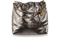 CHANEL 22Bag Cow Leather And Gold Metal Handbag, Shoulder Bag Medium Size Women's Ruthenium Metallic