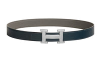 HERMES H Shiny Silver Buckle Togo Calfskin Double-Sided Leather Belt Women's Dark Blue/Gray Width: 3.2cm