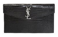 SAINT LAURENT Uptown Pouch Shiny Crocodile Look Leather Black