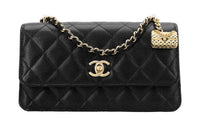 CHANEL WOC Litchi Grain Cow Leather Clutch Chain Bag Coin Purse Wallet Large Size Women's Black