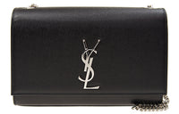 SAINT LAURENT Kate Medium Chain Bag In Grain De Poudre Silver tone Black