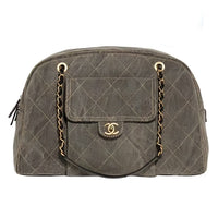 CHANEL Washed Denim With Gold Metal Accents Bowling Bag Handbag Women's Taupe