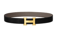 HERMES H Letter Martelee Gold Buckle Epsom Calfskin Belt Men's Black/Tin Gray Width: 3.2cm