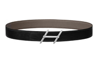 HERMES Minimalist Style Elegance Trendy Silver Buckle Togo Calfskin Double-Sided Leather Belt Men's Black Width: 3.2cm