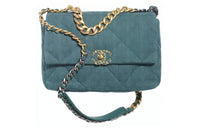 CHANEL 19Bag Fabric Shoulder Bag Crossbody Bag Large Size Women's Gray Blue