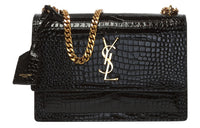 SAINT LAURENT SUNSET Shiny Leather Chain Shoulder Bag Crossbody Bag Medium Size Women's Black
