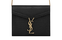 SAINT LAURENT Crocodile Embossed Bright Leather Chain Wallet, Envelope Bag, Crossbody Bag, Shoulder Bag Women's Black