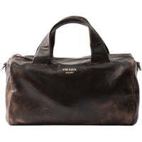 PRADA Lambskin Travel Bag Men's Dark Brown