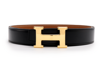HERMES Cow Leather Leather Belts Unisex Black/Orange Width: 3.2cm