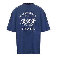 Men's Balenciaga SS21 Running Pattern Printing Logo Loose Short Sleeve Blue 641614TJVK64866