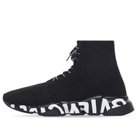 Balenciaga Speed Lace Up Sneakers 'Black Recycled Knit with Black and White Grafffiti Sole Unit' 617251W2DB71006