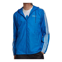 Men's adidas Solid Color Logo Stripe hooded Zipper Jacket Blue HC7131