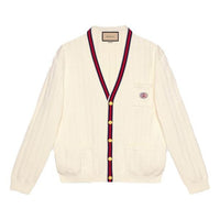 Gucci Knit Cotton V-Neck Cardigan With Web 'Ivory' 654984-XKBUR-9182