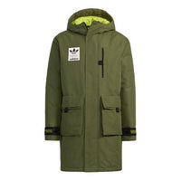 Men's adidas originals 2 In 1 Solid Color Long Hooded With Down Feather Dark Olive Green Jacket H58061