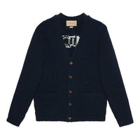 Gucci Knit Wool Cardigan With Gucci Intarsia 'Dark Blue' 761541-XKDK4-4492
