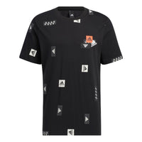 Men's adidas Full Print Logo Patch Printing Round Neck Short Sleeve Black T-Shirt HM2964