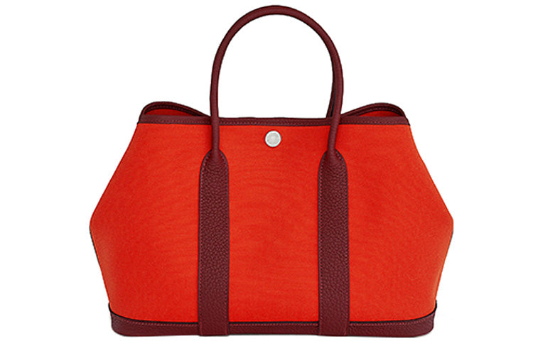 HERMES Garden Party Canvas Negonda Calfskin Garden Bag Canvas Bag Handbag Women's Red & Orange