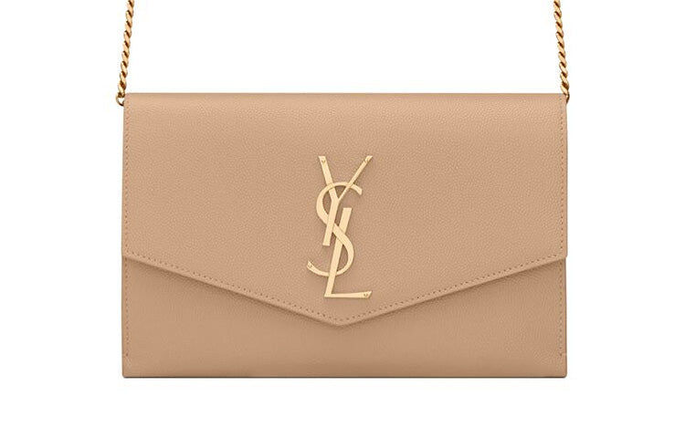 SAINT LAURENT UPTOWN Cow Leather Envelope Bag Chain Wallet Shoulder Bag Crossbody Bag Mini Women's Dark Beige