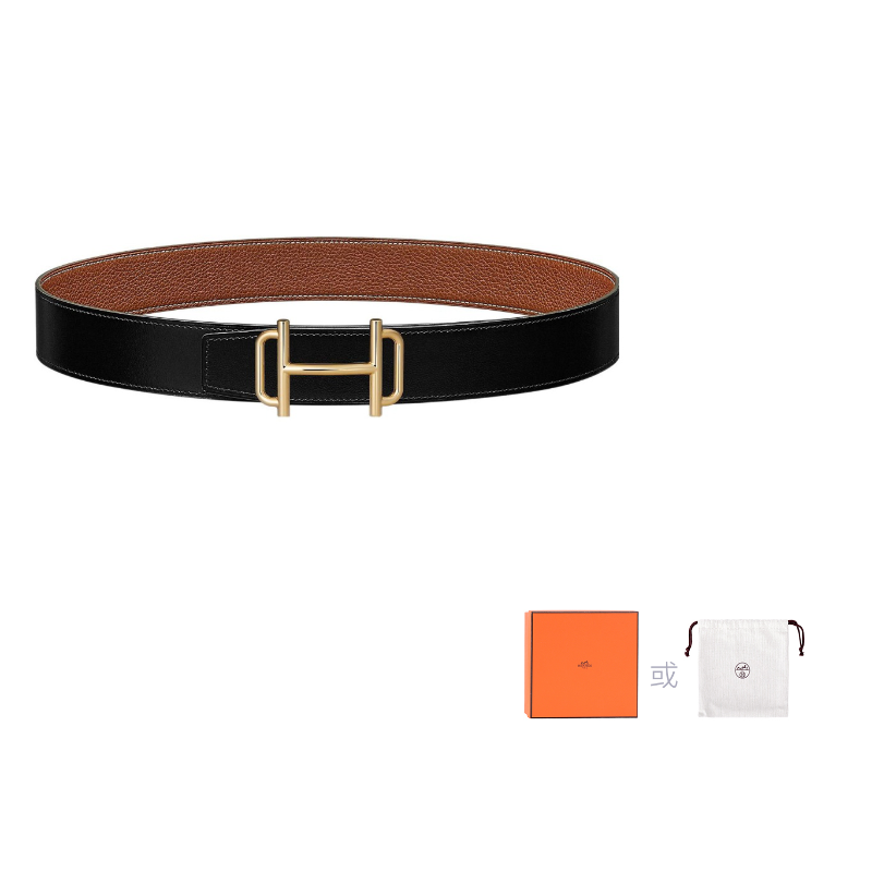 HERMES Royal Togo Calfskin Double-Sided Leather Leather Belts Men's Black/Gold Width: 3.8cm
