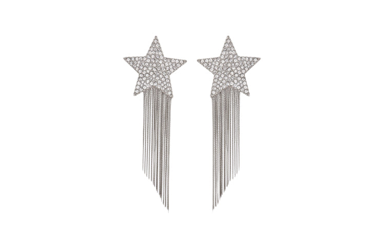 SAINT LAURENT Silver Metallic Shooting Star Tassel Drop Earrings