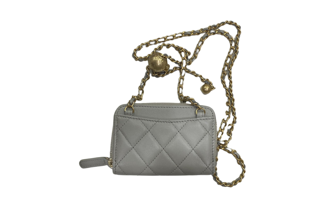 CHANEL Sheepskin Coin Purse Women's Light Gray