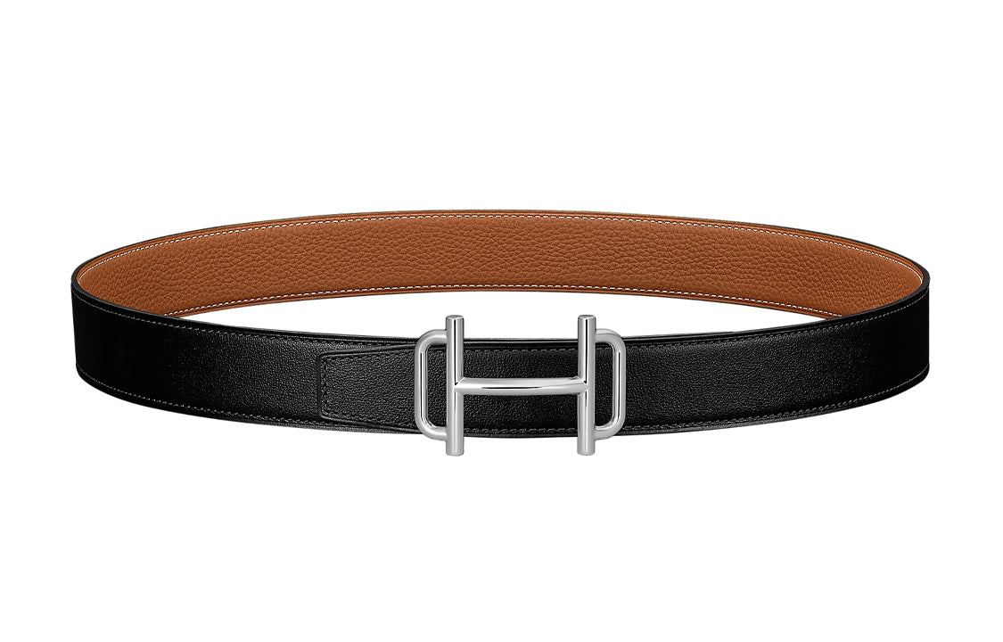 HERMES Comfortable Silver Buckle Togo Calfskin Double Sided Leather Belt Women's Black/Brown Width 3.2cm