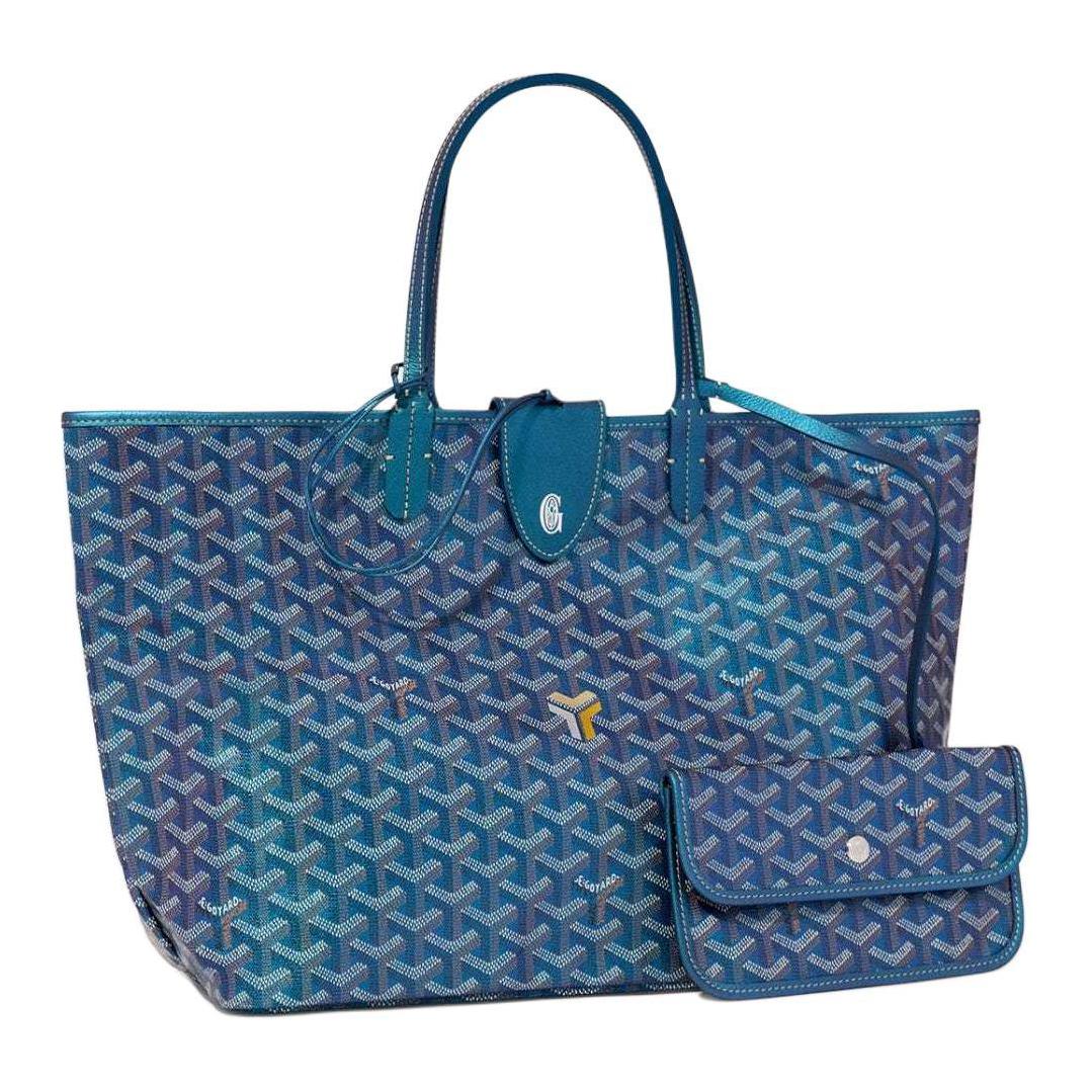 GOYARD Saint Louis Cowhide Patchwork Canvas Tote Bag Shopping Bag Handbag Shoulder Bag Small Size Unisex Pearl Blue