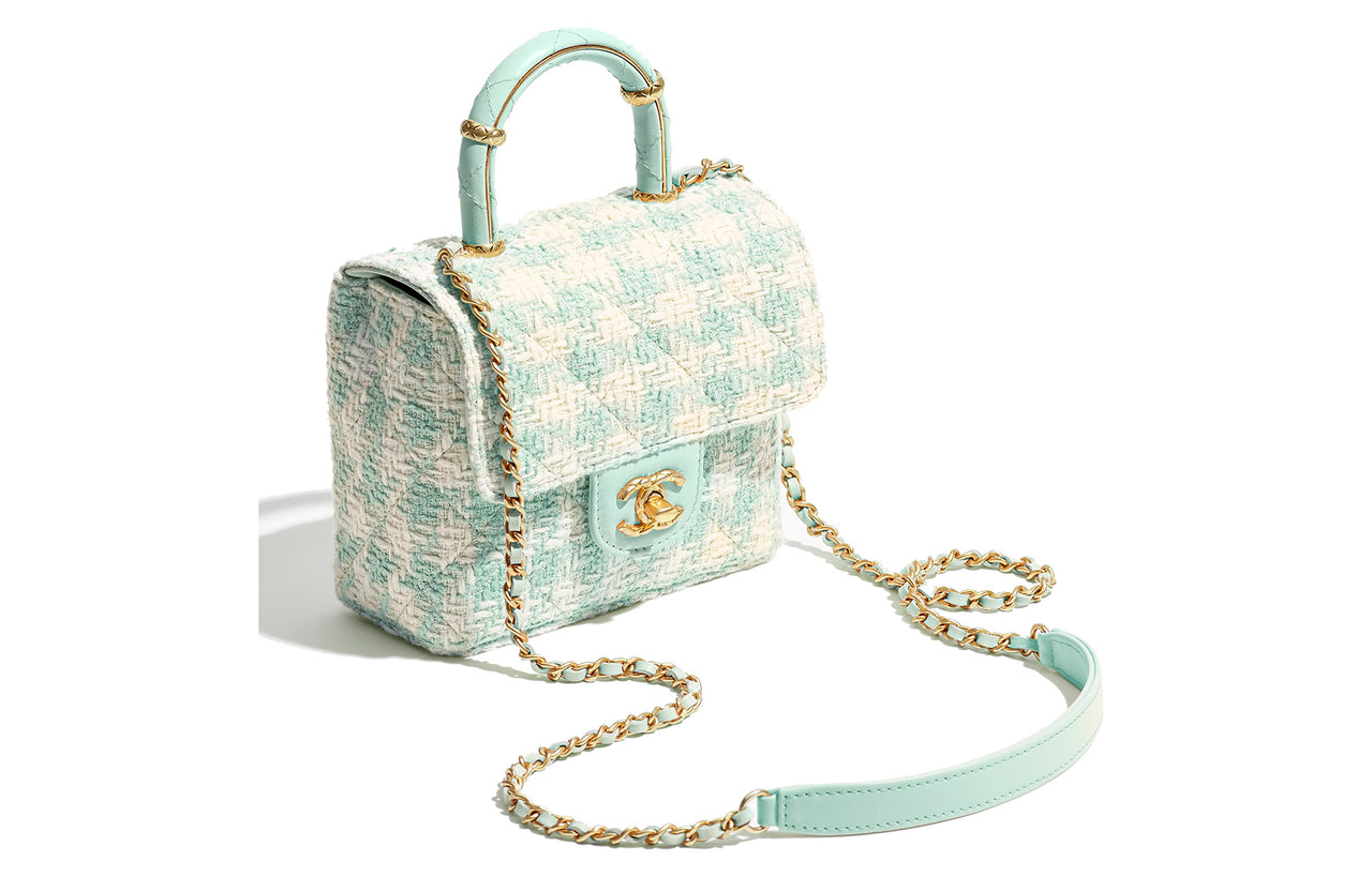CHANEL Tweed Mixed With Lambskin Flap Bag Shoulder Bag Crossbody Bag Handbag Mini Women's Light Blue