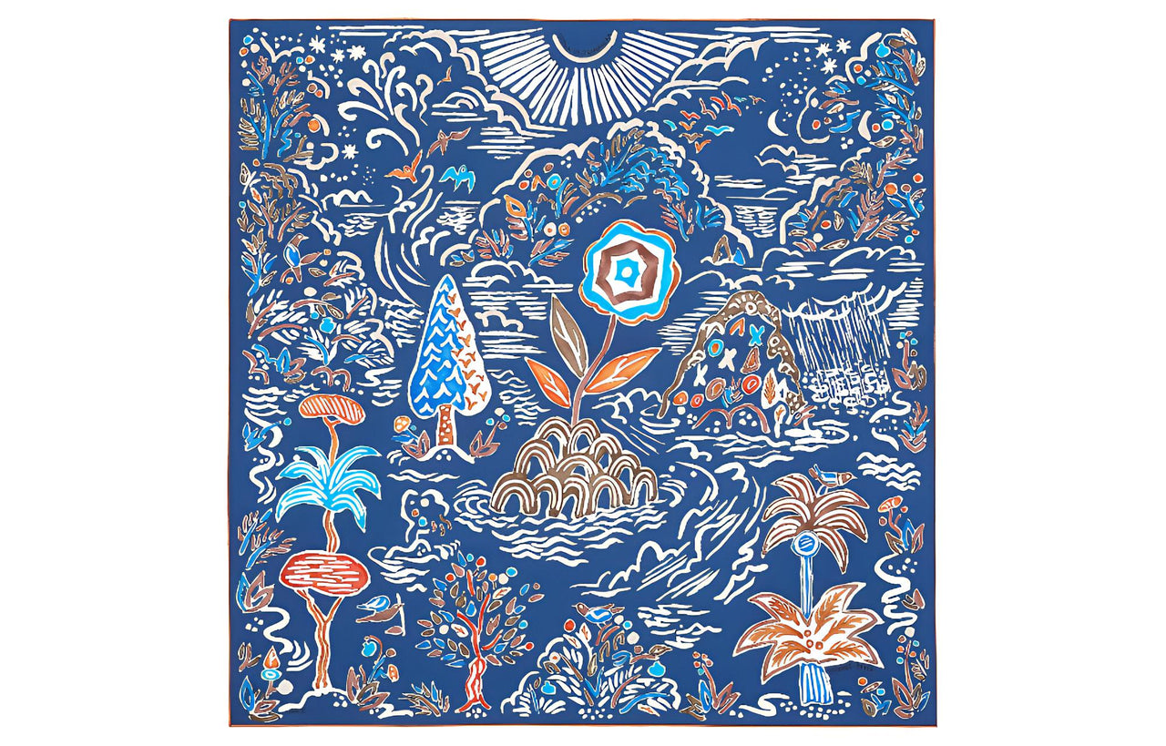 HERMES Silk Scarves Women's Marine Blue/Brown/White