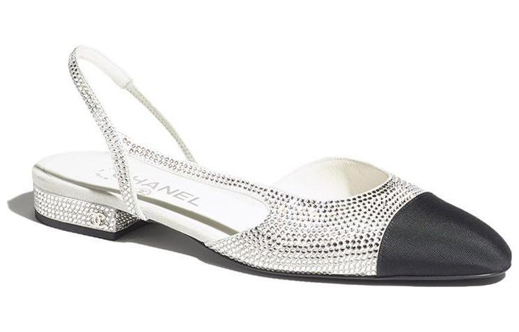 CHANEL Strass 20mm Slingbacks Silver Black Grosgrain Women's