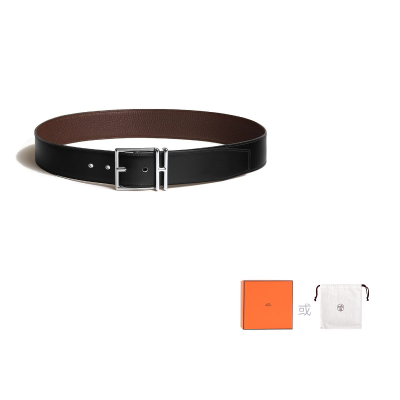 HERMES Cow Leather Leather Belts Men's Black/Chocolate Width: 4cm