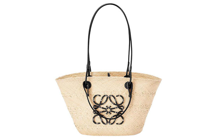 LOEWE Basket Palm Fiber With Cow Leather Basket Bag, One Shoulder Handbag Medium Size Women's Beige/Black