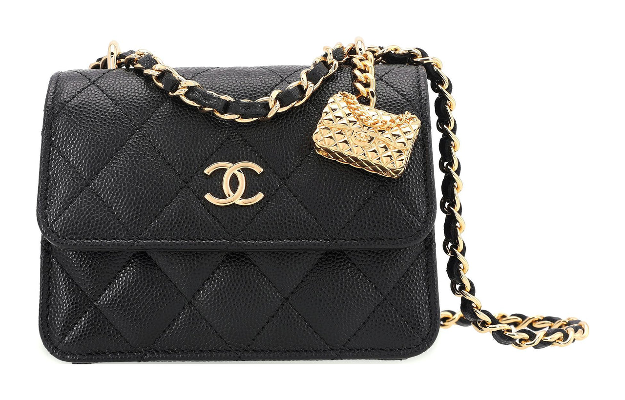 CHANEL WOC Embossed Calfskin With Grains Flap Bag Clutches Handbag Shoulder Bag Crossbody Bag Small Size Women's Black