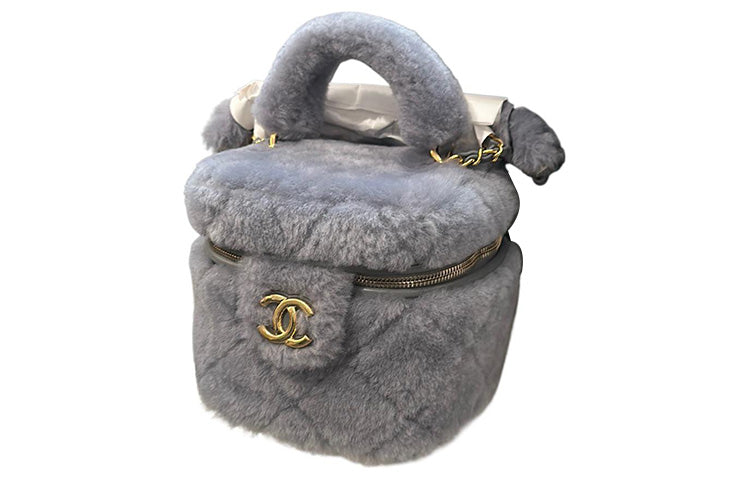 CHANEL Wool Plush Bag Makeup Bag Handbag Women's Gray