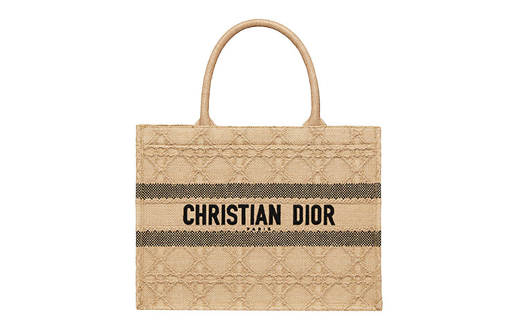 DIOR BookTote Wicker Pattern Tote Bag Shopping Bag Handbag Medium Size Women's Gold/Black