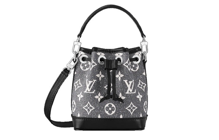 LOUIS VUITTON NOE Denim With Cow Leather Trim Bucket Bag, Handbag, Shoulder Bag, Crossbody Bag Extra Mini Women's Gray